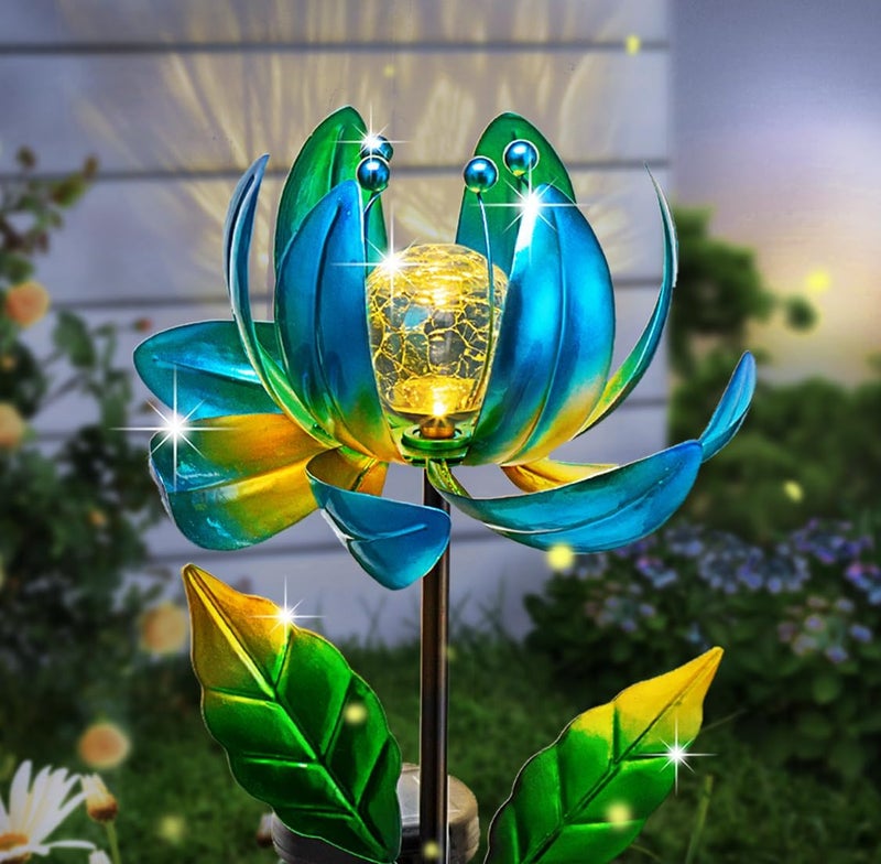 SUCUY Solar Yard Lights Wind Spinners- Metal Lotus Flower Garden Decor LED Crackle Glass Globe Yard Art Sculpture Solar Stake Lights for Patio Pathway Lawn Walkway - Image 1
